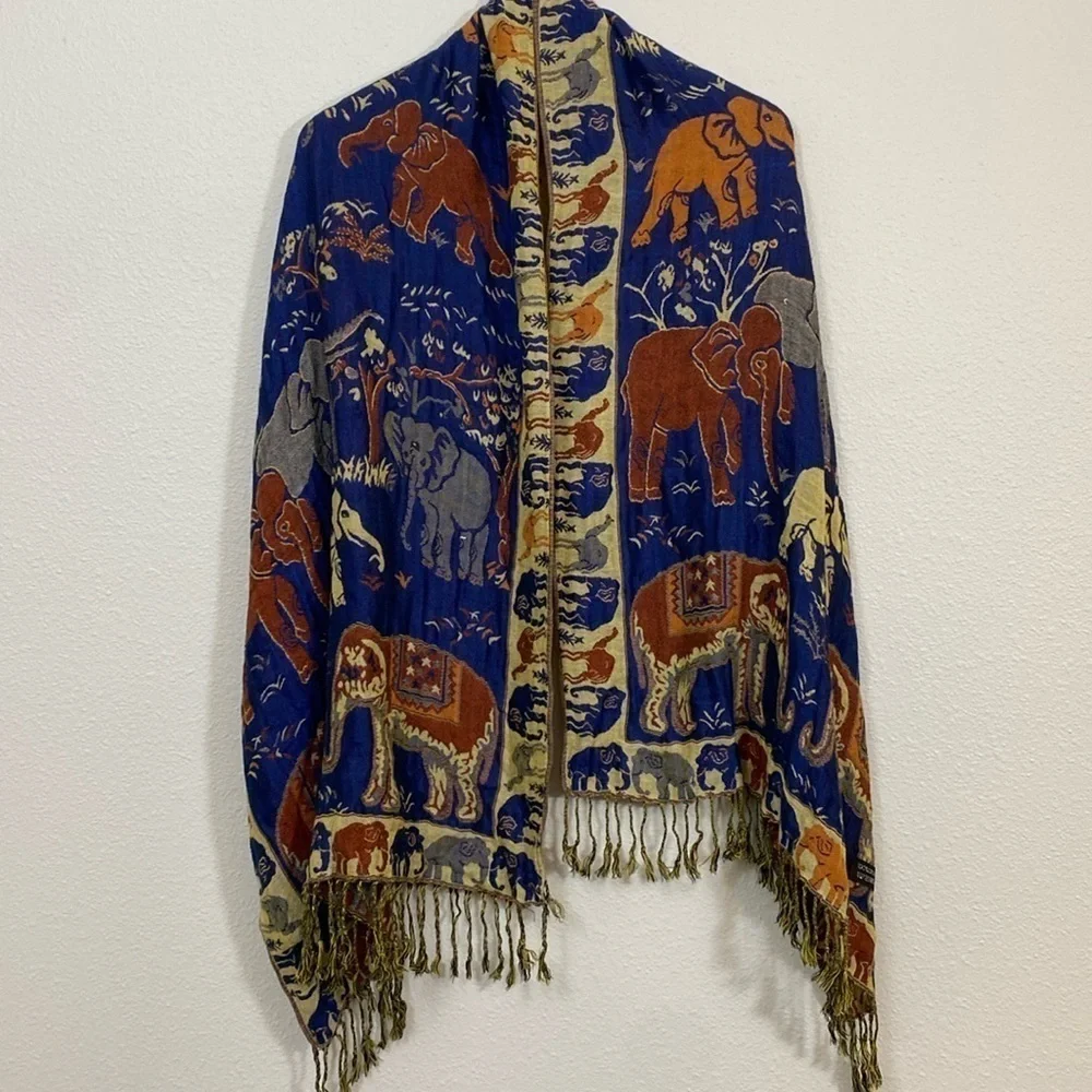 Cashmere Scarf Wrap Brown and Blue w/ Elephant and Camel novelty print 64” x 24”